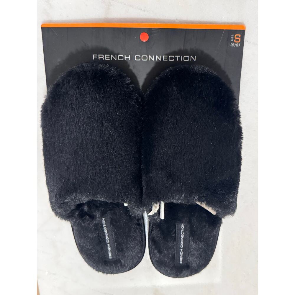 French Connection Women’s Mila Plush Slippers – Black | Size S (5-6) | NEW
